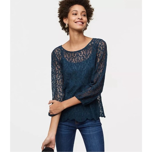 LOFT Tops - Ann Taylor LOFT Womens Size XS Teal Blue Sheer Floral Lace Top